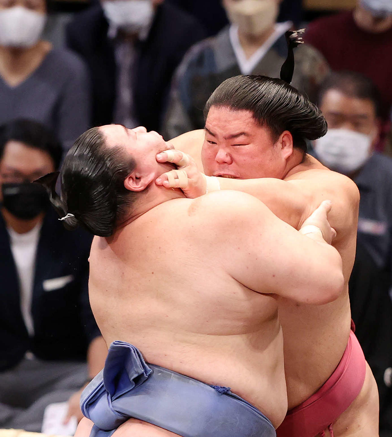 正代（左）を激しく攻める大栄翔（撮影・鈴木正人）