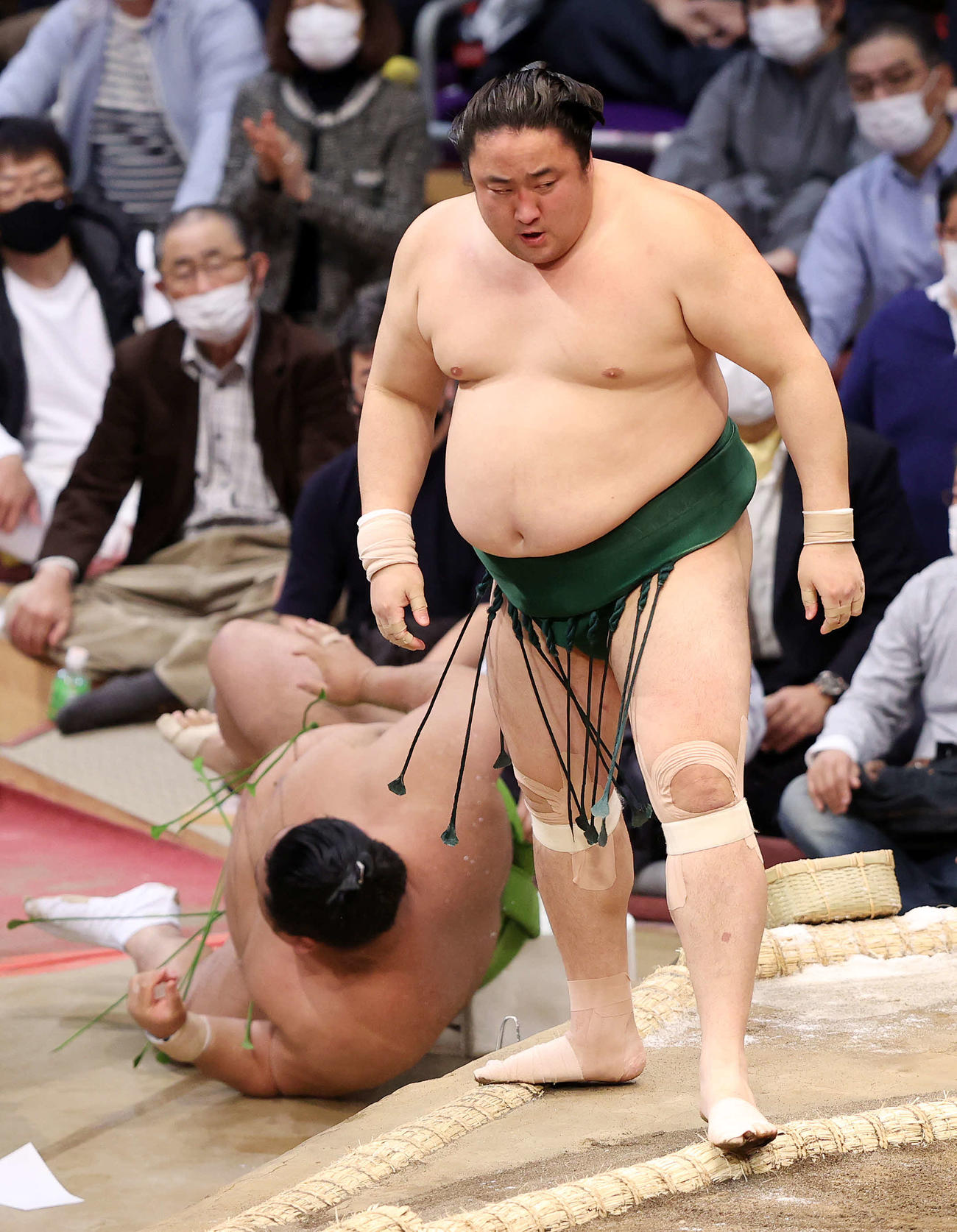 天空海（左）を押し倒しで破った佐田の海（撮影・鈴木正人）
