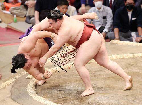 明生（左）を突き落としで破る隆の勝（撮影・鈴木正人）