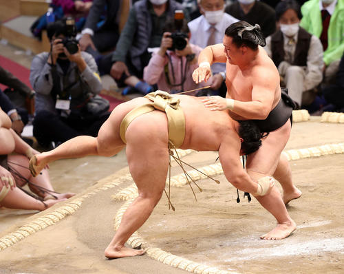 石浦（左）をつり出しで破る照強（撮影・鈴木正人）