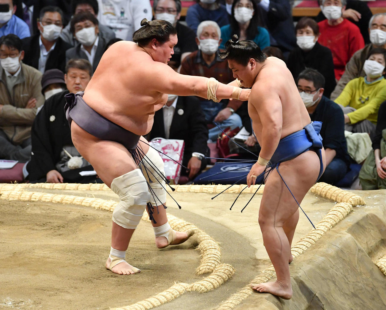 照ノ富士は若隆景（右）を押し出しで破る（撮影・岩下翔太）