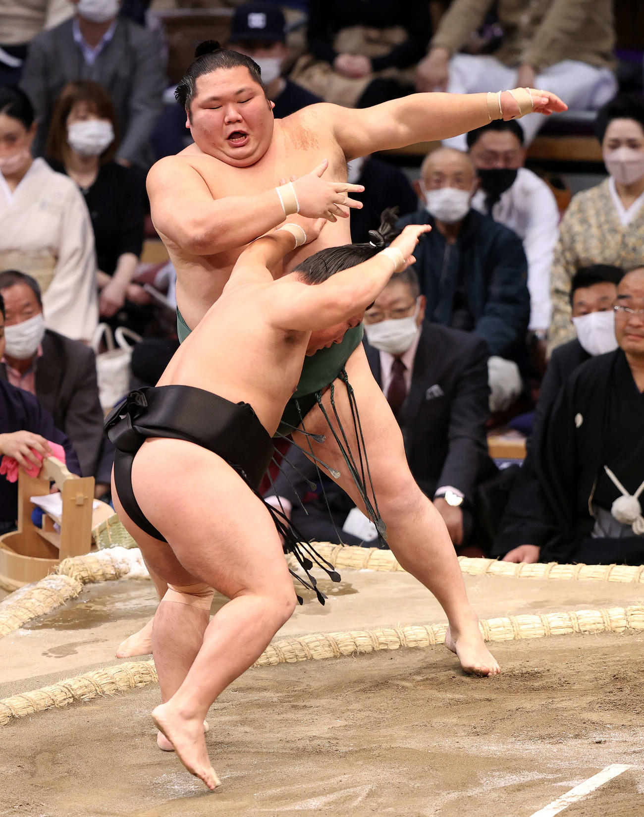 千代大龍（後方）を押し出しで破る照強（撮影・鈴木正人）