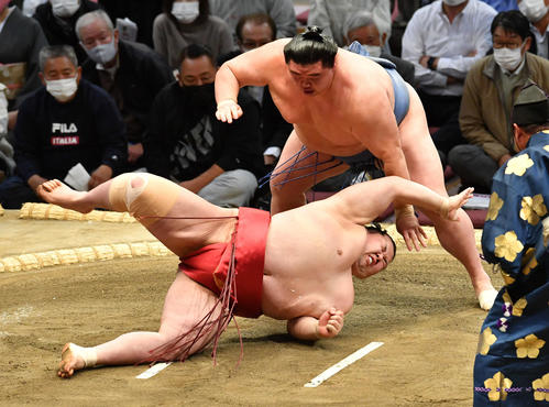 正代は阿武咲（手前）をはたき込みで破る（撮影・岩下翔太）