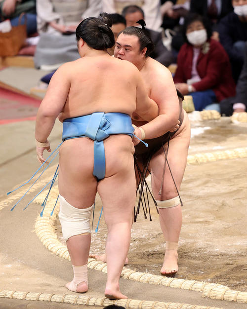 琴ノ若（左）を寄り切りで破る英乃海（撮影・鈴木正人）