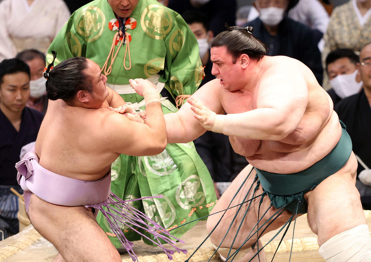 琴恵光（左）を攻める碧山（撮影・鈴木正人）