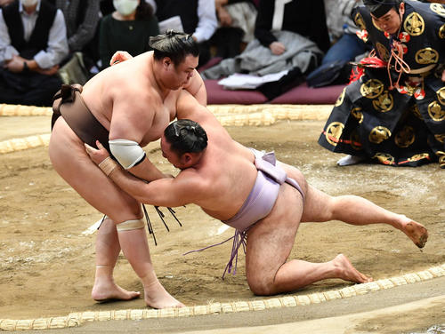 英乃海は琴恵光（右）を突き落としで破る（撮影・岩下翔太）