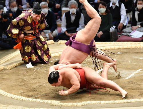遠藤は豊昇龍（手前）を下手投げで破る（撮影・岩下翔太）
