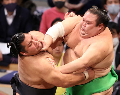 松鳳山（左）を攻める千代丸（撮影・鈴木正人）