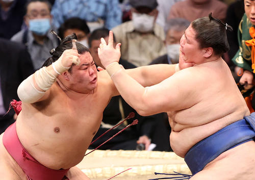 逸ノ城（右）を激しく攻める大栄翔（撮影・鈴木正人）