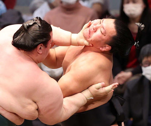 碧山（左）の攻めを耐える照強（撮影・鈴木正人）