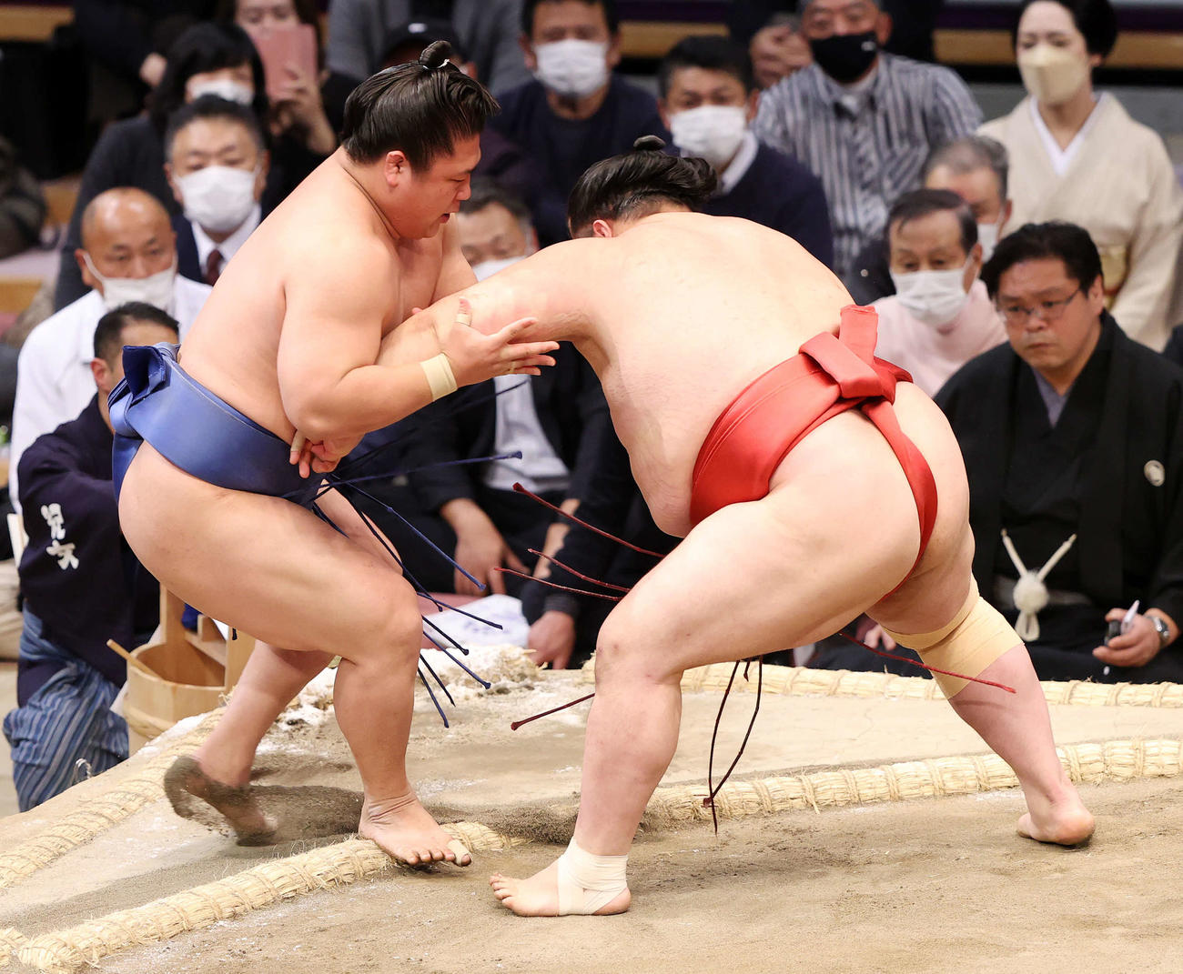 若隆景（左）を押し出しで破る阿武咲（撮影・鈴木正人）