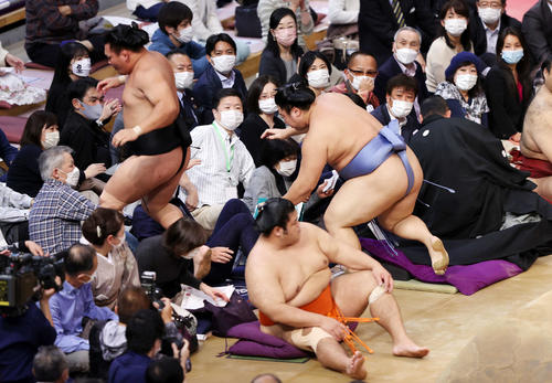 照強（左）を送り出しで破りたまり席まで行く翔猿（撮影・鈴木正人）