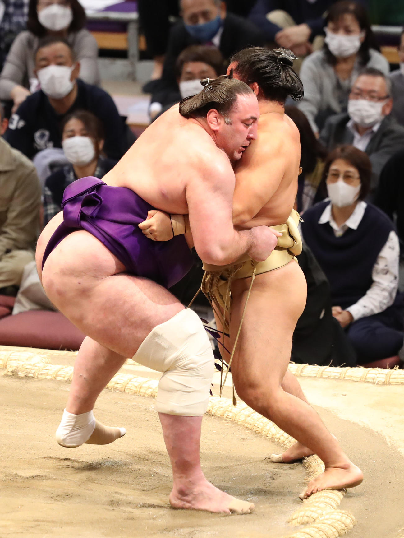 石浦（右）を寄り切り破る栃ノ心（撮影・屋方直哉）