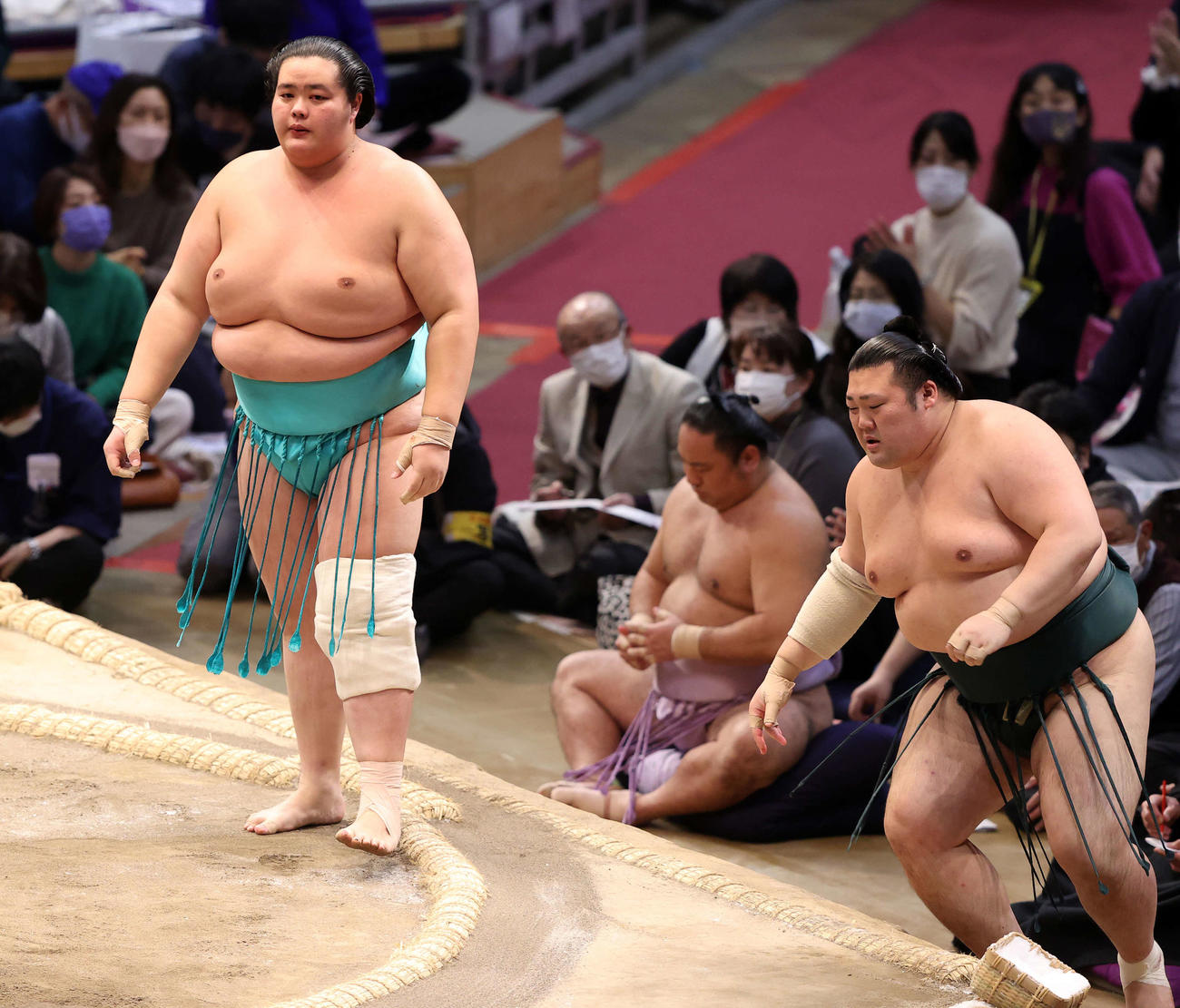 豊山（右）を寄り切りで破った琴ノ若（撮影・鈴木正人）