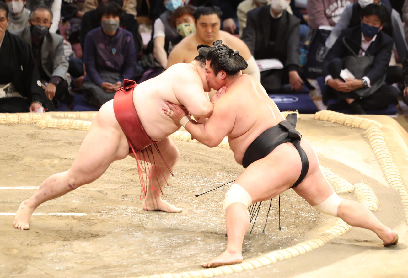妙義龍（右）を押し出しで破る隆の勝（撮影・屋方直哉）