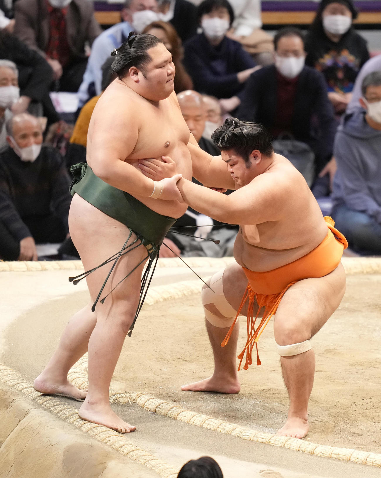 志摩ノ海は千代大龍（左）を押し出しで破る（撮影・小沢裕）