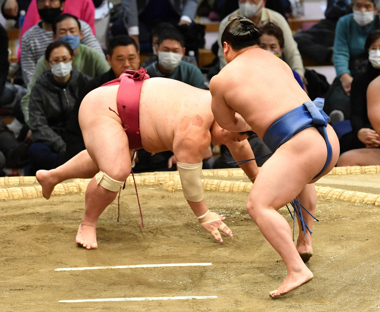 若隆景は大栄翔（左）をはたき込みで破る（撮影・岩下翔太）