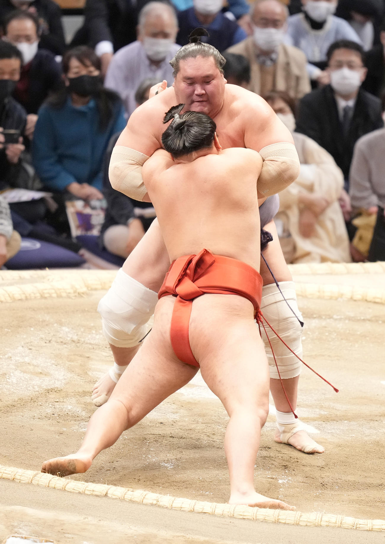 照ノ富士は豊昇龍（手前）をきめ出しで破る（撮影・小沢裕）