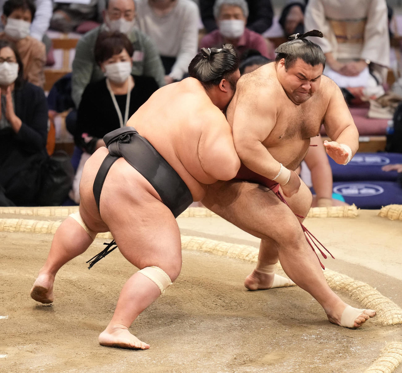 貴景勝（左）は送り出しで高安を破る（撮影・小沢裕）