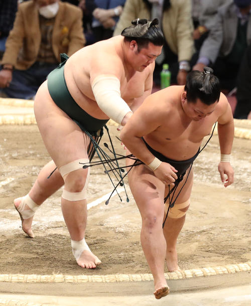 照強（右）を送り出しで破る豊山（撮影・屋方直哉）