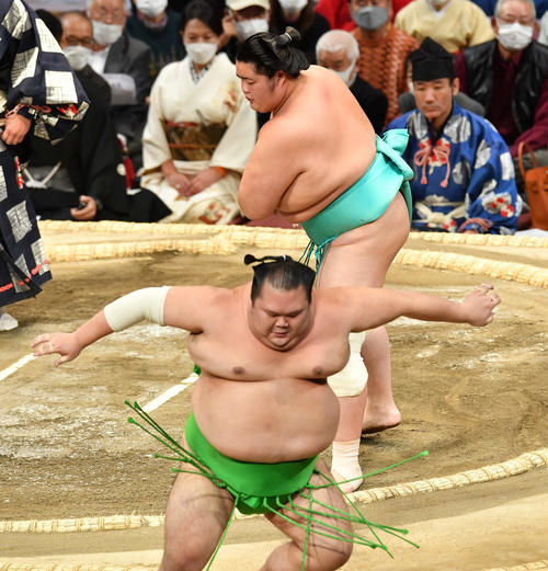 琴ノ若は千代丸（手前）を押し出しで破る（撮影・岩下翔太）