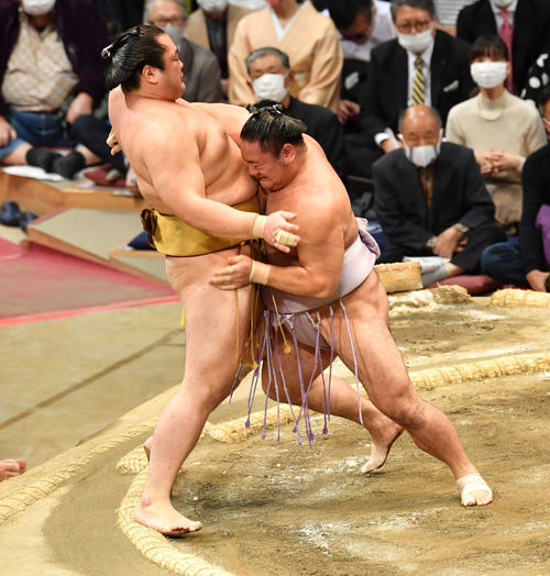 琴恵光は輝（左）を寄り切りで破る（撮影・岩下翔太）