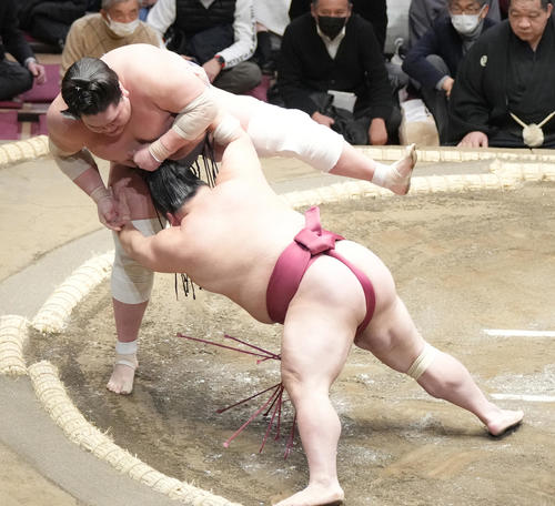 照ノ富士（左）ははたき込みで大栄翔を破る（撮影・小沢裕）