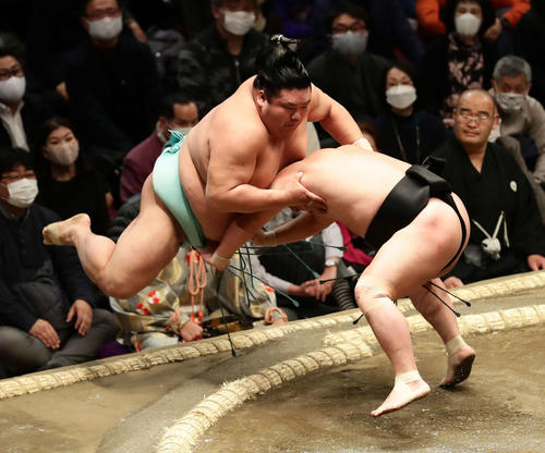 天空海を押し出しで破った照強(撮影・丹羽敏通)