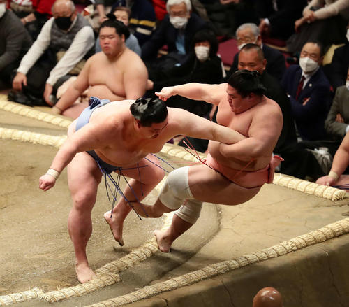正代に押し出しで敗れた宇良(撮影・丹羽敏通)