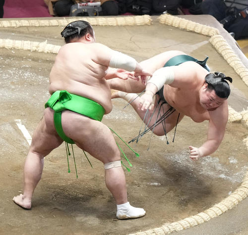 千代丸(左)は豊山を突き落としで破る(撮影・小沢裕)