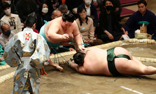 千代大龍をはたき込みで破った琴ノ若(撮影・丹羽敏通)