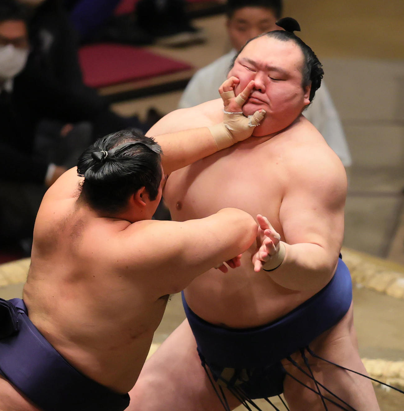 千代の国（手前）の突きをこらえる宝富士（撮影・野上伸悟）