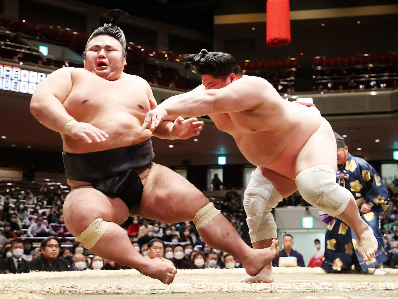 貴景勝（左）を押し倒しで破る宇良（撮影・鈴木正人）