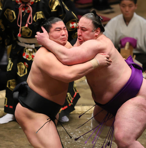 栃ノ心（右）とぶつかり合う若元春（撮影・野上伸悟）