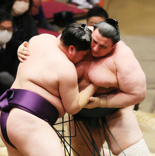 碧山（右）を押す一山本（撮影・野上伸悟）