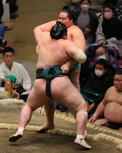 琴ノ若を（奥）を寄り切りで破る豊山（撮影・野上伸悟）