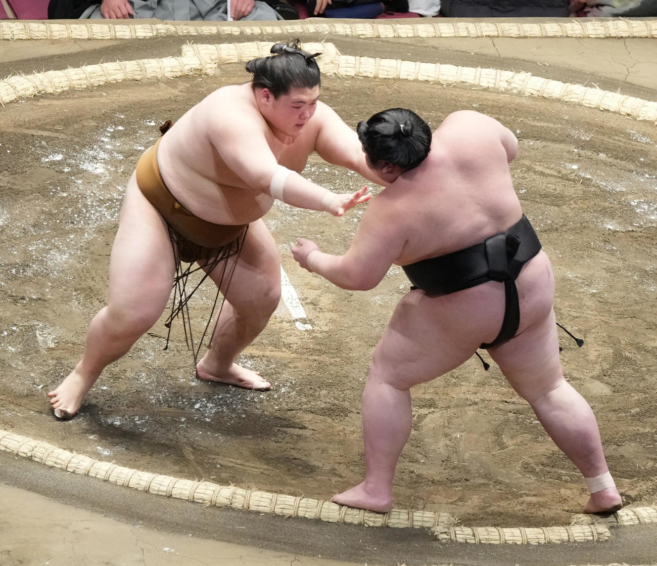 王鵬は剣翔（右）を押し出しで破る（撮影・小沢裕）