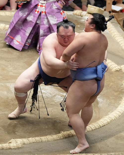 宝富士（左）は翔猿を寄り切りで破る（撮影・小沢裕）