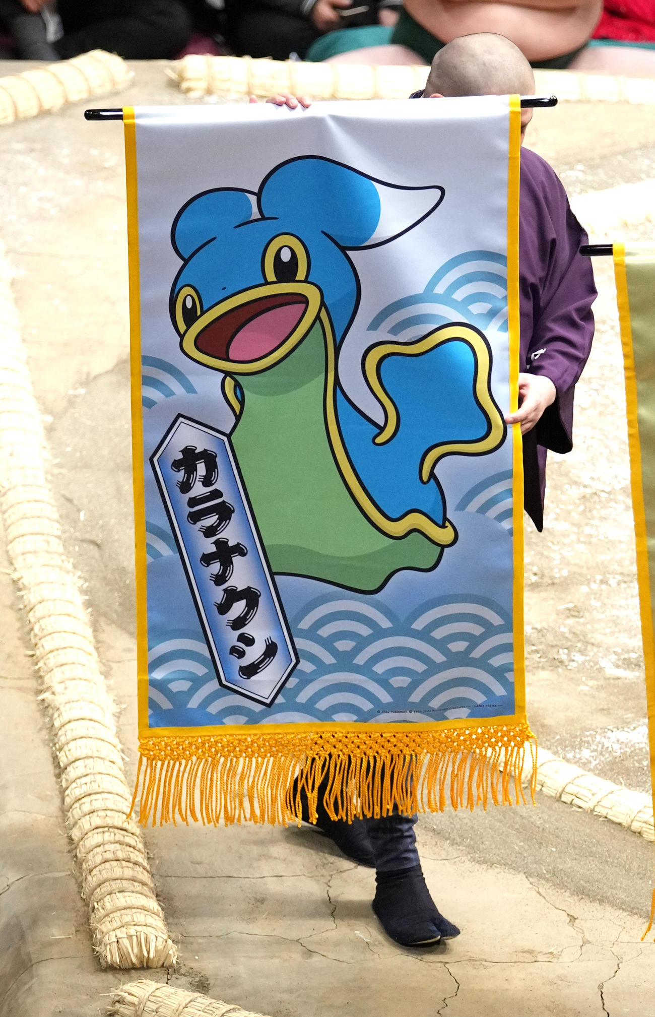 天空海と妙義龍の一番に懸けられたウミウシポケモン　カラナクシ（撮影・小沢裕）