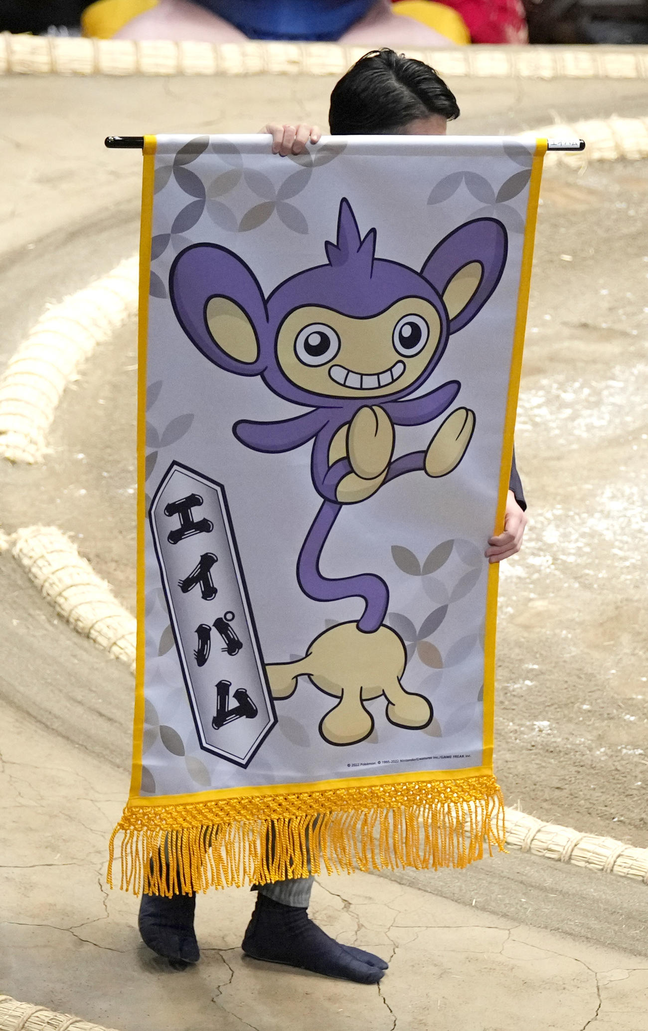 隠岐の海と玉鷲の一番で懸けられたおながポケモン　エイパムの懸賞旗（撮影・小沢裕）