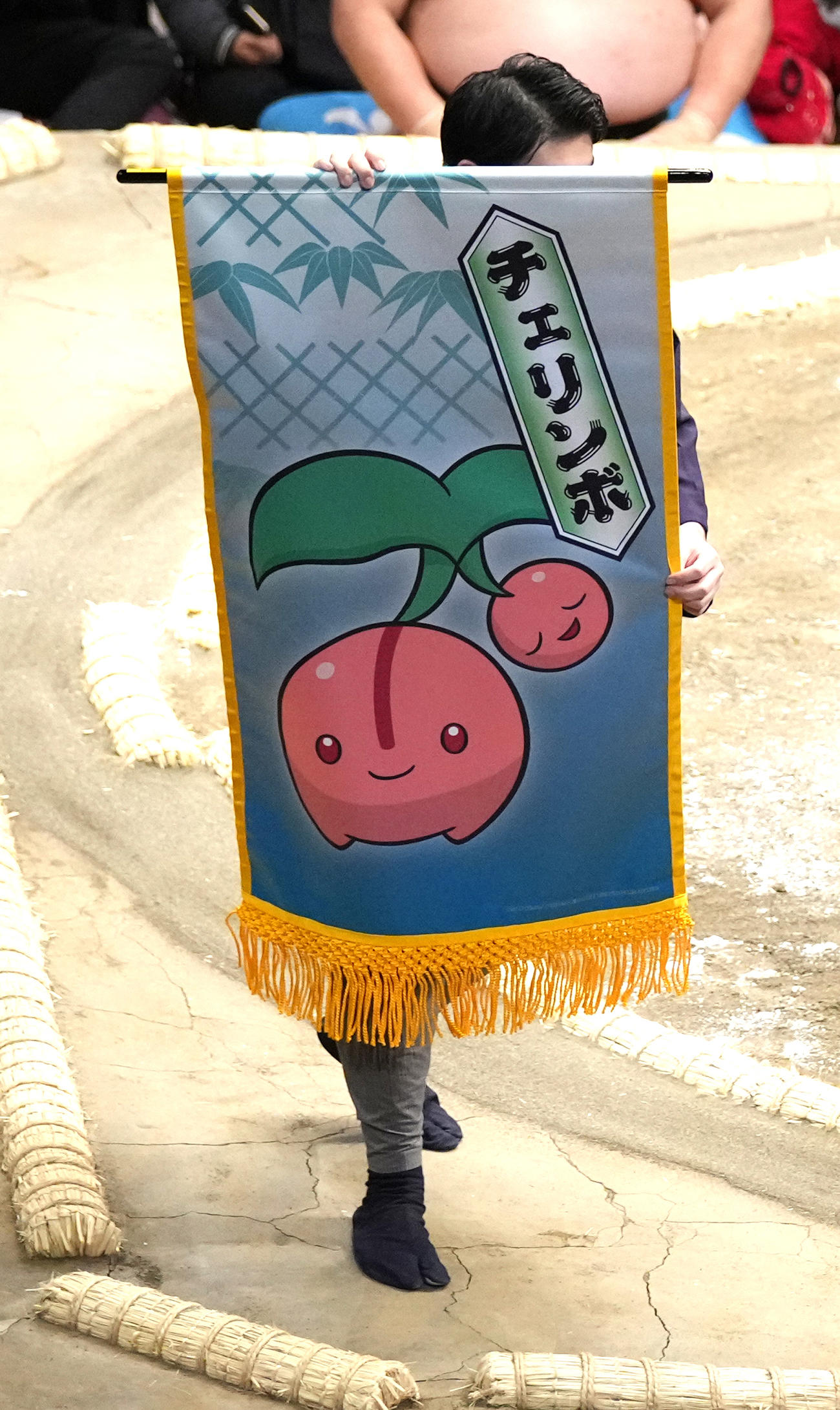 豊山と石浦の一番に懸けられたさくらんぼポケモン　チェリンボの懸賞旗（撮影・小沢裕）