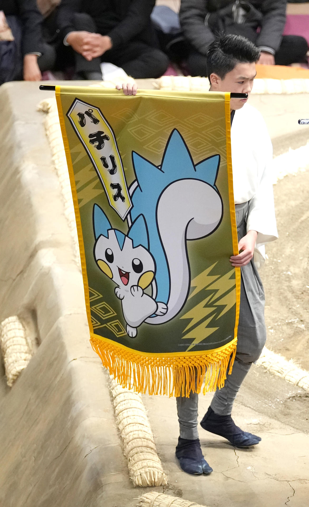 栃ノ心と魁聖の一番に懸けられた、でんきりすポケモンパチリスの懸賞旗（撮影・小沢裕）