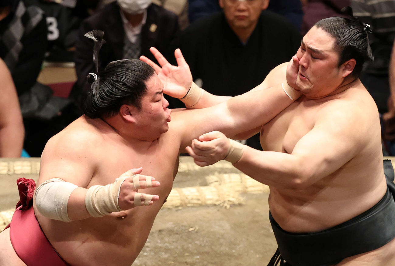 隠岐の海（右）を攻める大栄翔（撮影・鈴木正人）