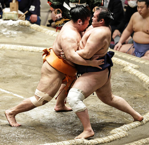 千代の国（右）を寄り切りで破る志摩ノ海（撮影・中島郁夫）