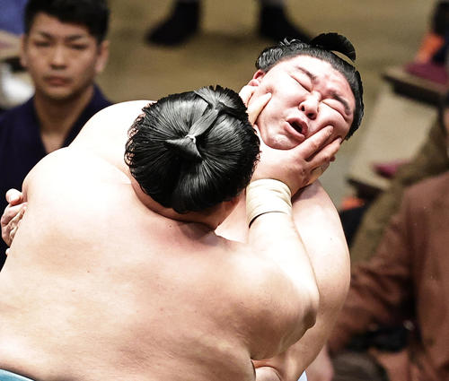 玉鷲（左）の張り手を浴びる正代（撮影・中島郁夫）