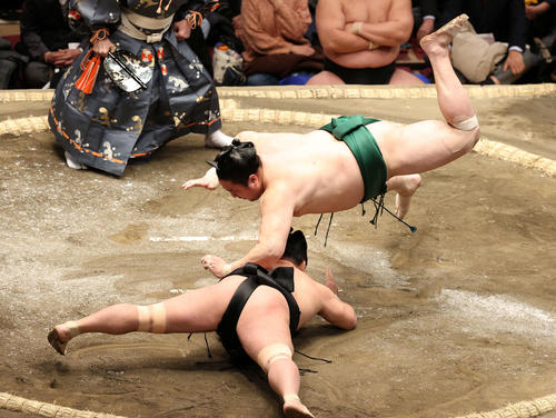 照強（左）を引き落としで破る佐田の海（撮影・鈴木正人）