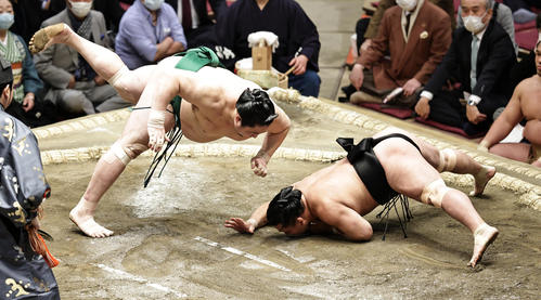 照強（右）を引き落としで破る佐田の海（撮影・中島郁夫）