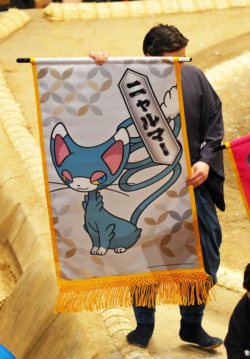 ねこかぶりポケモン「ニャルマー」の懸賞旗（撮影・横山健太）