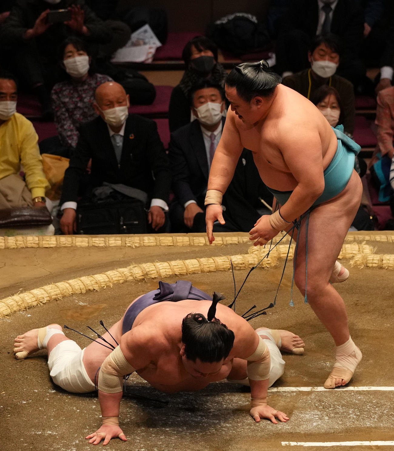 照ノ富士（左）を突き落としで破る玉鷲（撮影・横山健太）