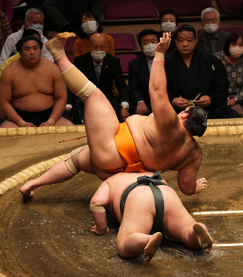武将山（右）をつきてで破る魁聖（撮影・横山健太）
